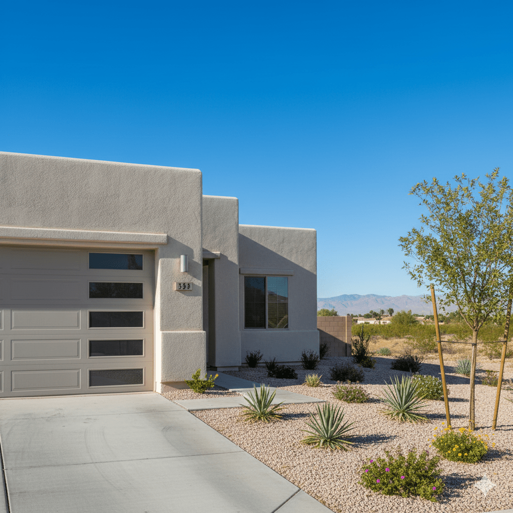HOA-approved garage door on a Las Vegas home with desert landscaping.