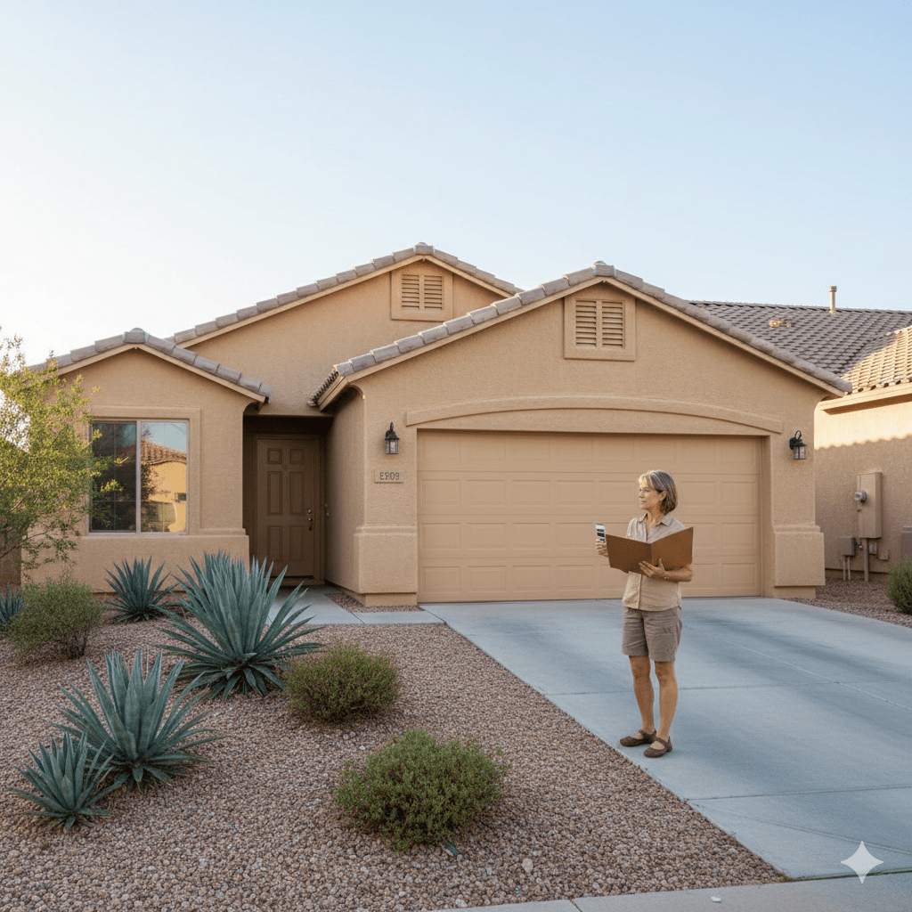 Homeowner holding ARC paperwork in front of an HOA-compliant garage door.