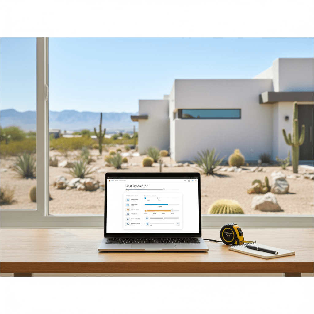 Laptop showing a garage door upgrade cost calculator with a tape measure and planning notes, styled for a Las Vegas homeowner comparing single vs. double door options.