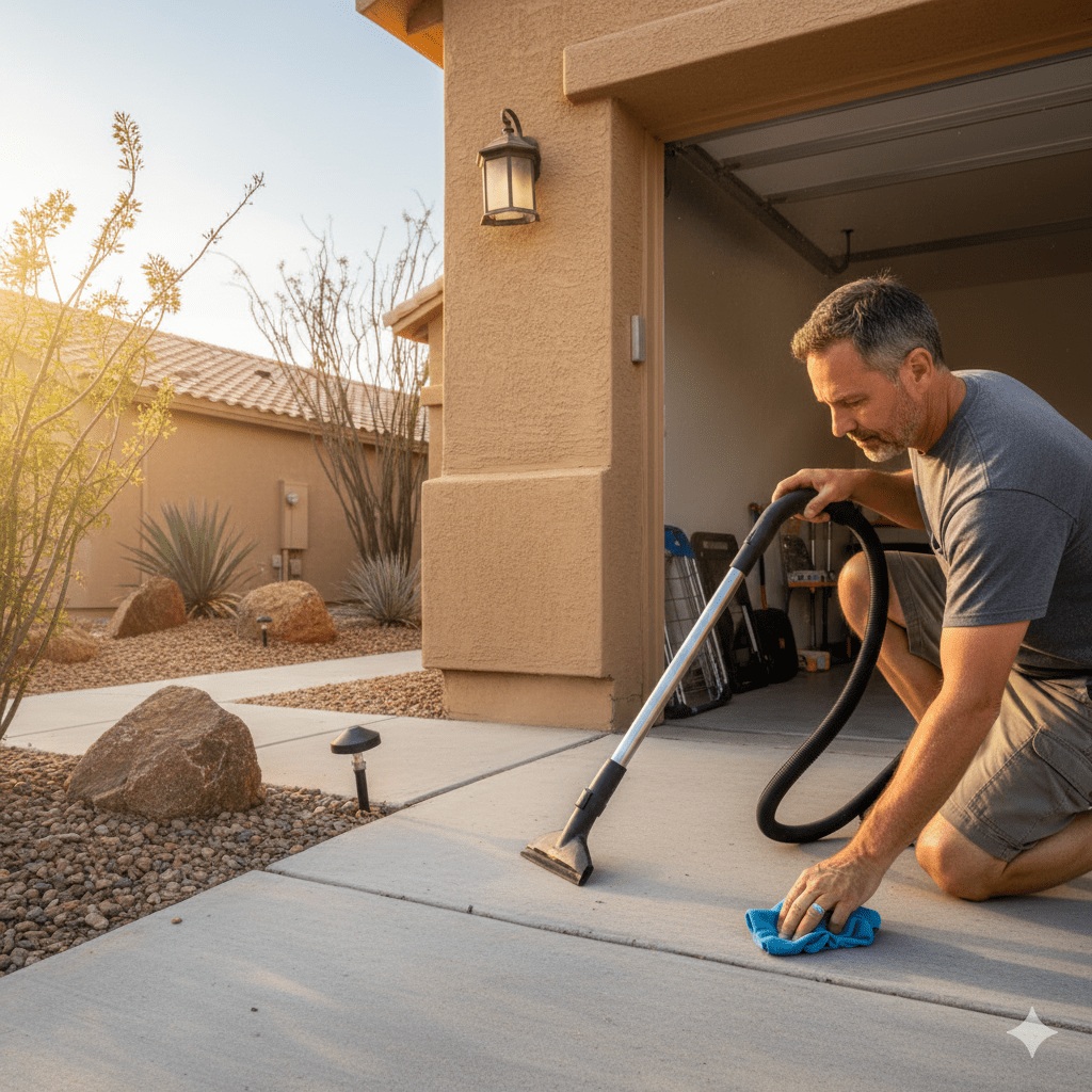 Homeowner vacuuming garage door track and wiping photo-eye sensor at a Las Vegas stucco home to prevent desert dust and sand buildup.