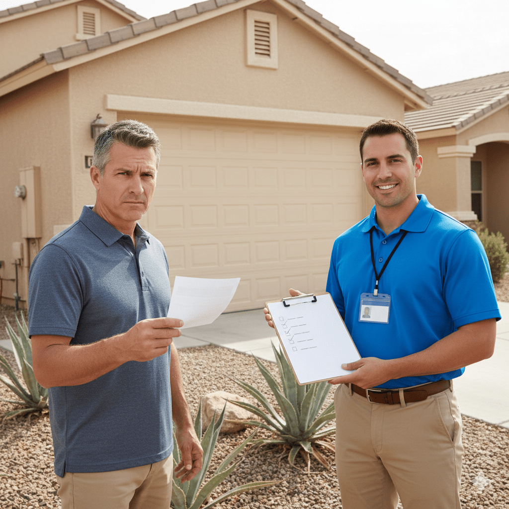 Las Vegas homeowner verifying a garage door repair technician to avoid scams.
