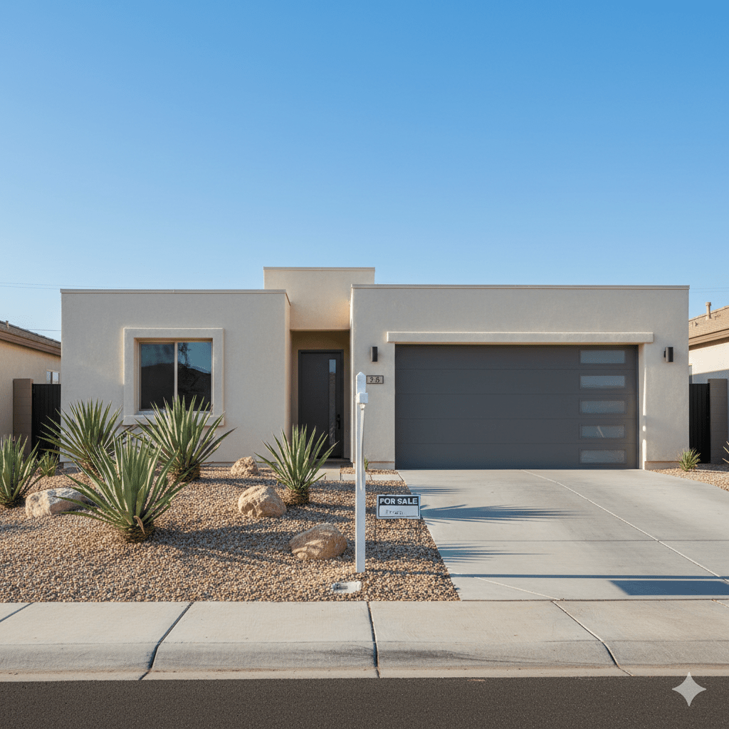 New modern garage door on a desert stucco home with a for-sale sign, showing a curb-appeal upgrade that can improve resale value.