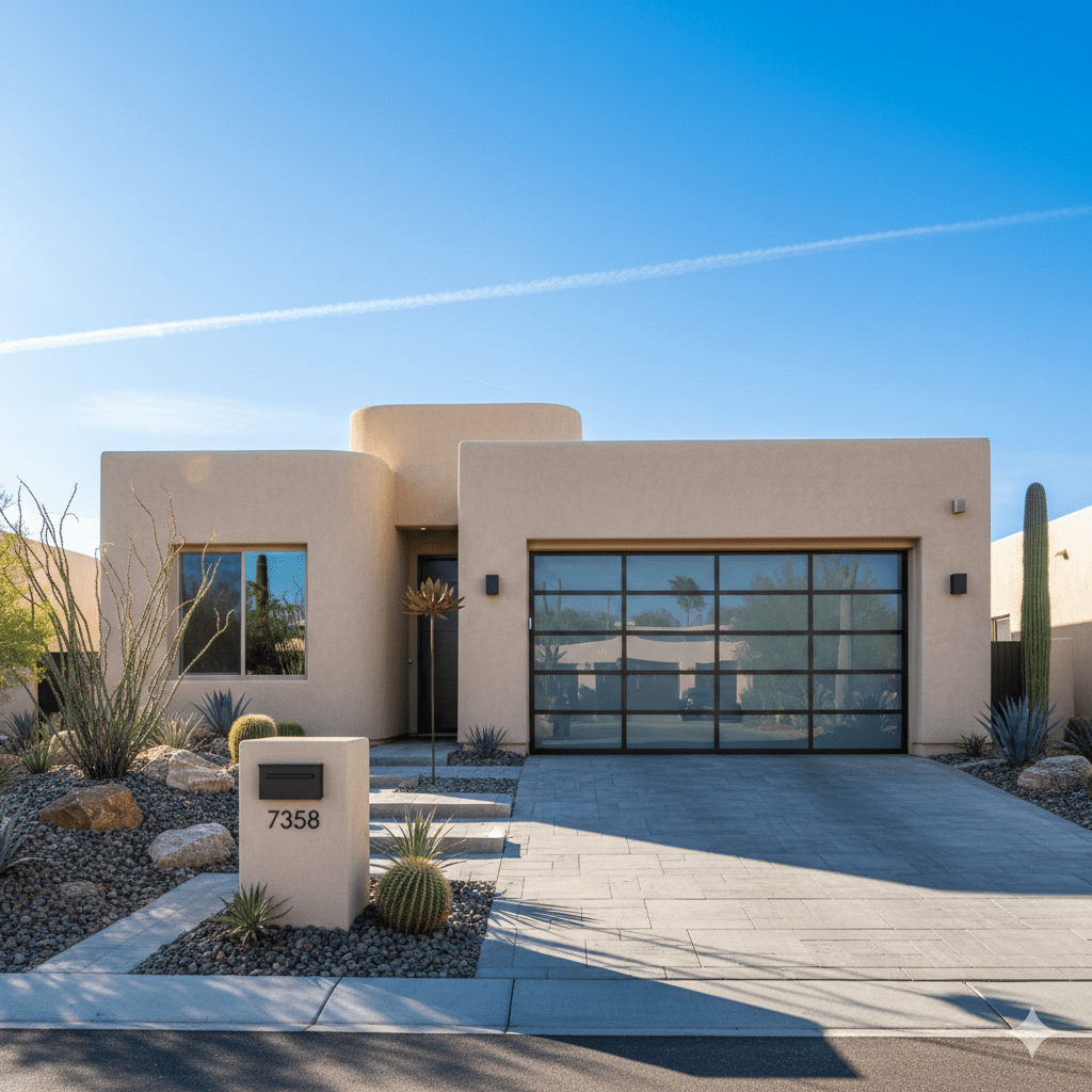 Full-view glass garage door with tinted/frosted panels on a modern Las Vegas stucco home, showing a desert-ready style upgrade with privacy and heat considerations.