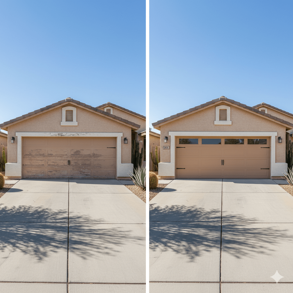 Before-and-after Henderson, NV garage door makeover: a faded door replaced with a polyurethane-insulated steel door in a desert-friendly finish with frosted windows.