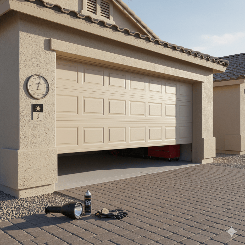 Las Vegas garage door partially open on a cool February morning, with tools for basic maintenance and a thermometer suggesting temperature swings that can stress springs and openers.