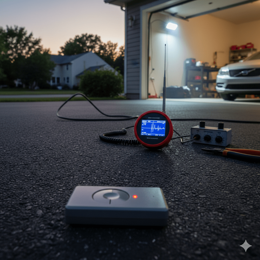 Garage door remote in a driveway with the garage LED light on, illustrating a common RF interference range problem and simple troubleshooting tools.