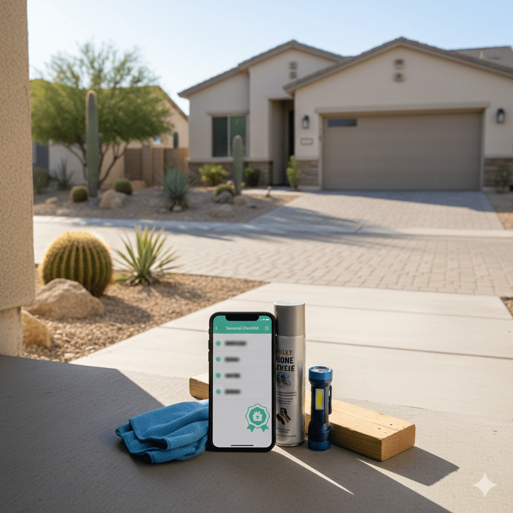 Phone showing a seasonal garage door maintenance checklist with tools (cloth, lubricant, flashlight, 2×4), designed for Las Vegas heat and monsoon conditions.